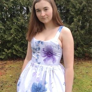 Two pieces dress corset top and long skirt white with florals (prom, wedding)